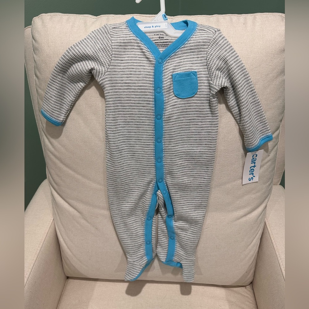 Carter's Gray Striped Onesie with Blue Accents